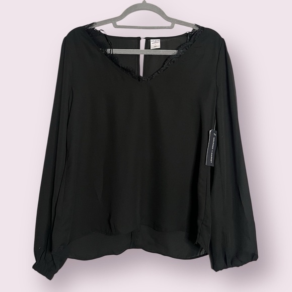 Melrose and Market Black Semi Sheer Long Sleeve Lace Trim Blouse Small - Picture 1 of 8